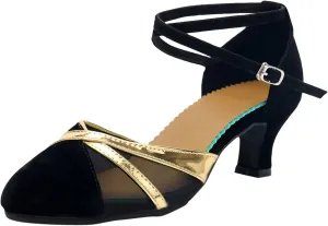 Sandals for Womens Latin Dance Shoes Mesh Rhinestone Heeled Ballroom Salsa Tango Party Sequin Dance Shoes Sandals for Women Dressy Heel (Black, 6.5)