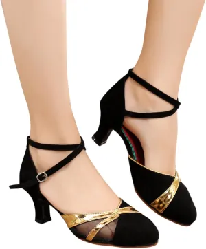 Sandals for Womens Latin Dance Shoes Mesh Rhinestone Heeled Ballroom Salsa Tango Party Sequin Dance Shoes Wedge Sandals for Women Size 8.5 (Black, 6.5)